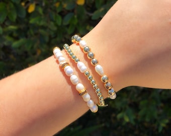 Pulsera de perlas de agua dulce / joyas de oro / pulsera elástica de apilamiento barroco de perlas genuinas en forma de patata / Coqueta / Cumpleaños Día de la Madre