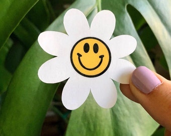 Daisy Happy Smiley Face Flower Holographic Sticker| Retro Hippie Groovy | Die Cut Stickers Hydroflask Laptop Kindle Phone Water Bottle Decal