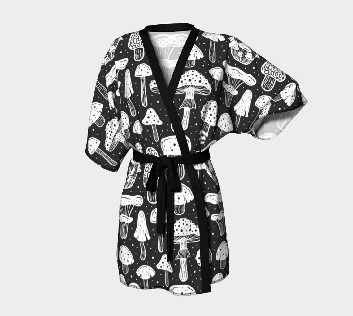Mushroom Kimono Black and White Silk Kimono Bathrobe Etsy