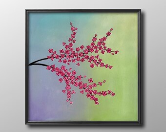 Original 3D Textured Cherry Blossom Painting, Heavy Impasto Floral Canvas Art, Pink Botanical Branch Wall Decor for Living Room