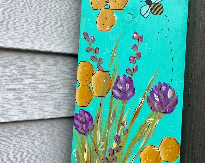 Hand painted spring sign, bee and flowers sign, bee sign, porch sign, garden sign, welcome sign