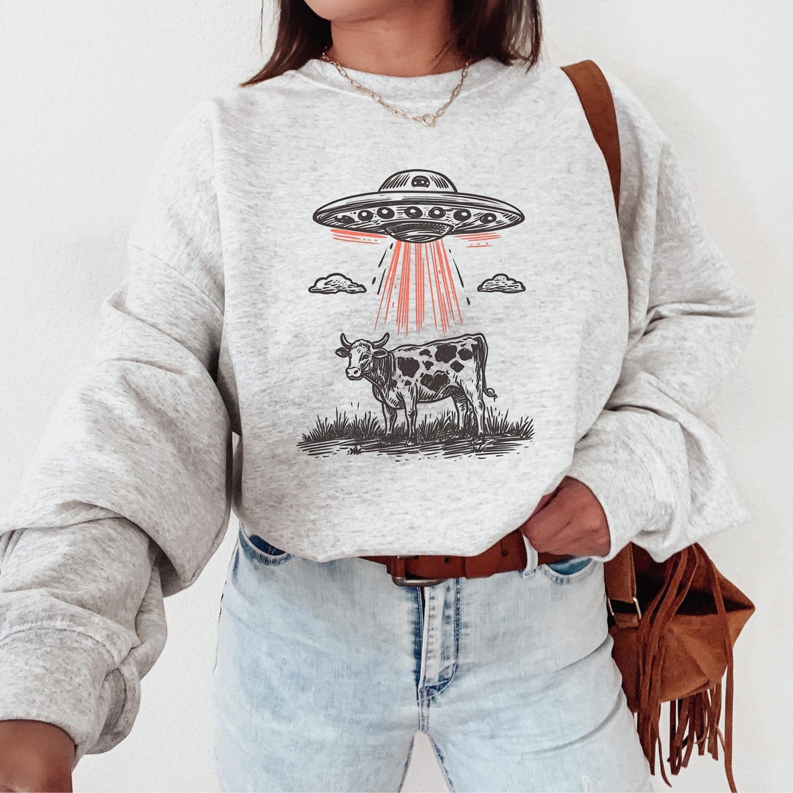 UFO Cow Abduction Sweatshirt, Funny Graphic Alien Sweatshirt ...