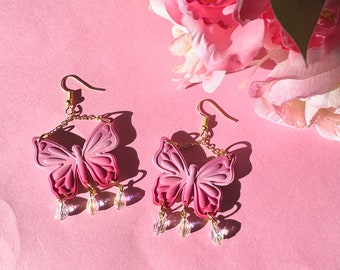 Magical Pink Butterfly Earrings | whimsical earrings for spring, quirky earring dangles, polymer clay earrings, ethereal jewelry