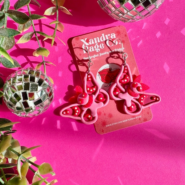 Mothman Pink MothWOMAN Earrings | Cute Kawaii Mothman Prophecies Polymer Clay Dangles