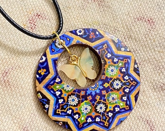 Persian jewelry handmade Wooden necklace Handmade wooden jewellery Persian art traditional Persian pattern Persian tile Butterfly pendant