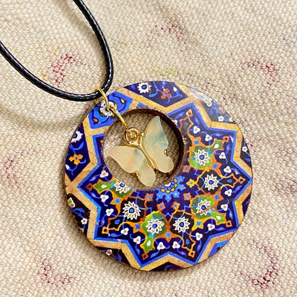 Persian jewelry handmade Wooden necklace Handmade wooden jewellery Persian art traditional Persian pattern Persian tile Butterfly pendant