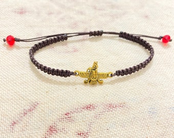 ファラヴァハールブレスレット、ペルシャスタイル、ファラヴァハール、男性と女性のための金属製のファラヴァハールシンボルを備えた手作りの結び目ブレスレット、アフラマズダ、象徴的、