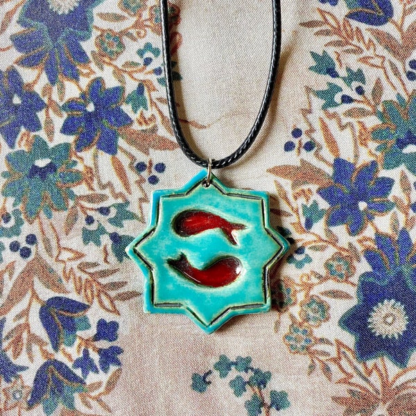 Double fish Ceramic necklace ceramic jewelry Persian pendant traditional Persian pattern golden fish Norooz mahi ghermez pendant