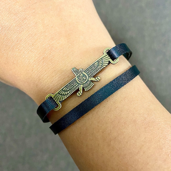 Faravahar bracelet Persian style farvahar handmade leather bracelet with the metal farvahar symbol for men and women ahura mazda Zoroastrian