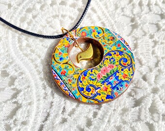 Persian jewelry handmade Wooden necklace Handmade wooden jewellery Persian art traditional Persian pattern Persian tile Birds pendant