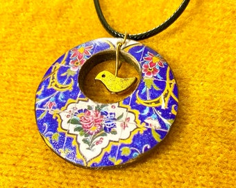 Persian jewelry handmade Wooden necklace Handmade wooden jewellery Persian art traditional Persian pattern Persian tile Birds pendant