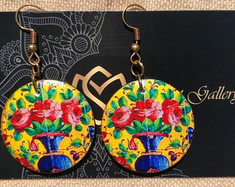 Persian jewelry Wooden earrings/ colorful pattern of Persian tile. Persian style Iranian earrings handmade Persian jewellery