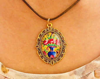 Golestan palace Handmade stainless steel metal pendant with the glass cabochons flower necklace traditional Persian motif Qajar farsi