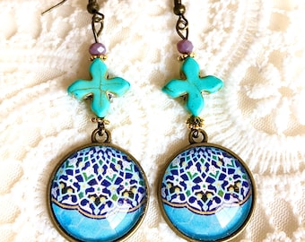 Persian jewelry, Blue historical tile earring, traditional Persian motif, handmade jewelry Persian style Qajar art, oriental ethnic