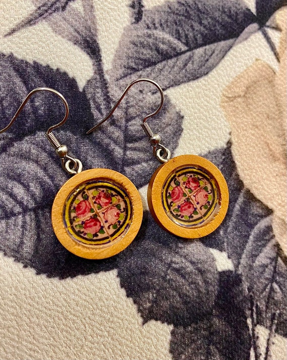 Persian jewelry Wooden earrings/ colorful pattern of Persian tile. Persian style Iranian earrings handmade Persian jewellery Golestan Palace