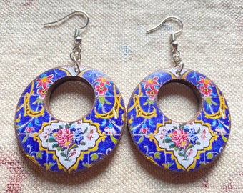 Perzische sieraden Houten oorbellen / kleurrijk patroon van Perzische tegels. Perzische stijl Iraanse oorbellen handgemaakte Perzische sieraden