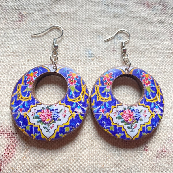 Persian jewelry Wooden earrings/ colorful pattern of Persian tile. Persian style Iranian earrings handmade Persian jewellery