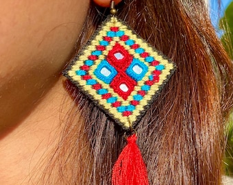 Handmade Persian earrings, embroidered, needlework balochi, soozandoozi, Sistani jewelry, Baluchi jewellery, Persian art, Persian jewellery