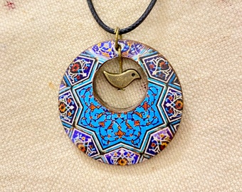 Persian jewelry handmade Wooden necklace Handmade wooden jewellery Persian art traditional Persian pattern Persian tile Birds pendant
