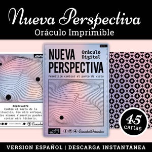 Puede incluir: Un juego de cartas de oráculo digital titulado "Nueva Perspectiva" con un fondo degradado y arte lineal abstracto. El conjunto incluye 45 cartas y presenta el texto "Version Español | Descarga Instantánea."