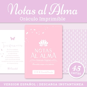 Puede incluir: Un juego de cartas de oráculo digital con un diseño rosa y blanco. El conjunto incluye 45 cartas, con el título "Notas al Alma" y el texto "Oráculo Imprimible". Las cartas presentan una flor de loto y el texto "Permitite viajar a tu interior".