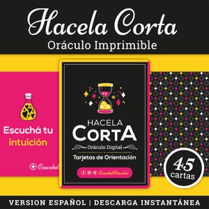 Pode incluir: Um conjunto de cartas de oráculo digital com o título "Hacela Corta" em escrita branca. O design apresenta um fundo preto com uma borda amarela, uma ilustração de ampulheta e o texto "45 cartas". O conjunto está disponível em espanhol.