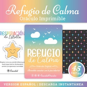 Puede incluir: Un conjunto de cartas de oráculo imprimibles con el título "Refugio de Calma" en escritura blanca sobre un fondo de arcoíris pastel. Las cartas presentan ilustraciones de nubes, estrellas y texto en español. Una carta tiene un gráfico de estrella y las palabras "Respiración de Estrella".