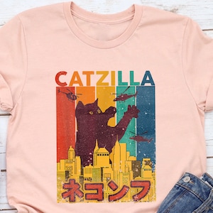 Catzilla T-Shirt, Vintage Catzilla Black Cat Shirt, Funny Cat Parody Tees, Cat Lover Shirt, Vintage Catzilla Shirt, Black Catzilla Shirt