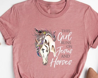 Christian T-Shirt, This Girl Runs On Jesus And Horses Shirt, Horse Lover Shirt, Spiritual Shirt, Farmer Girl Shirt, Religious Shirt