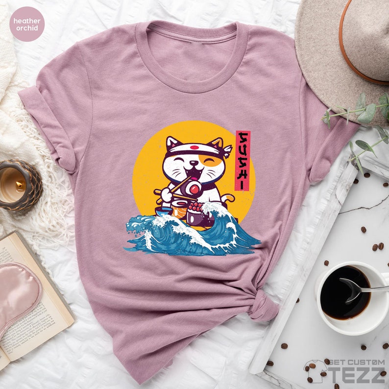 Cute Japan Cat T-shirt, Sushi and Ramen Foodies Tee, Kawaii Neko Manga Anime Shirt, Lucky Cat Shirt Maneki Neko Tshirt, Cute Kawaii Cat image 7