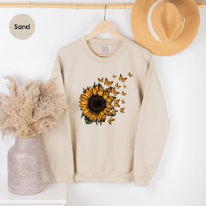 Sunflower Hoodies and Sweaters, Butterfly Crewneck Sweatshirt, Gift for Her, Inspirational Hooded, Mothers Day Gift, Floral Long Sleeve Tees