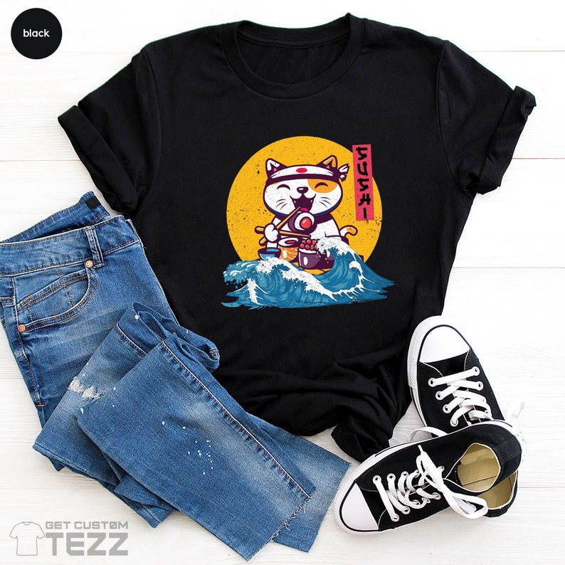 Cute Japan Cat T-shirt, Sushi and Ramen Foodies Tee, Kawaii Neko Manga Anime Shirt, Lucky Cat Shirt Maneki Neko Tshirt, Cute Kawaii Cat image 2