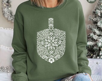 Floral Hanukkah Sweatshirt, Family Hanukkah Long Sleeve Shirts, Dreidel Flowers Hoodie Women, Jewish Holiday Apparel, Religious Jewish Gifts