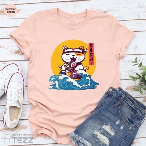 Cute Japan Cat T-shirt, Sushi and Ramen Foodies Tee, Kawaii Neko Manga Anime Shirt, Lucky Cat Shirt Maneki Neko Tshirt, Cute Kawaii Cat image 8