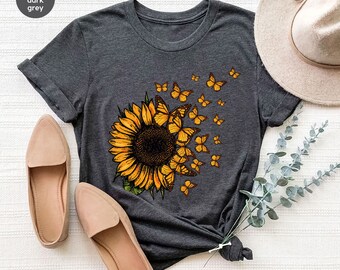 Sweat-shirt ras du cou tournesol, chemise papillon, cadeau pour elle, t-shirts inspirants, cadeau fête des mères, t-shirts graphiques pour femme, tenue florale