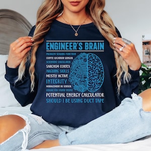 May include: Navy blue long-sleeve sweatshirt with the text "ENGINEER'S BRAIN" and a diagram of a brain. The text includes phrases like "Problem Solving Function" and "Should I be using duct tape".