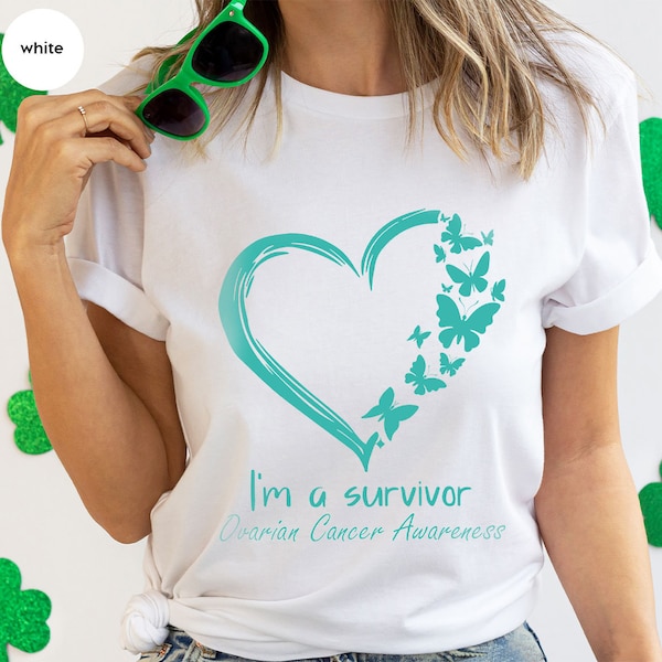 Ovarian Cancer Warrior Vneck Shirt, Awareness Graphic Tees, Ovarian Cancer Fighter Shirt, Ovarian Cancer Support Gift, Cancer Ribbon T-Shirt
