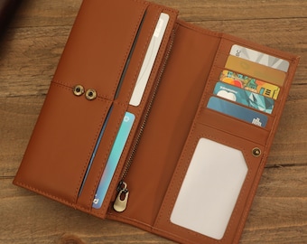 Portafoglio lungo in pelle RFID personalizzato, con cerniera, 15 scomparti per carte