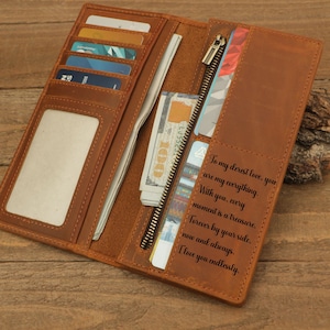 Personalized Genuine Leather Bifold Long Wallet with Coin Pocket, Gift for Mom, Girlfriend, Her, Custom Laser Engraving Wallet with Silk Bag