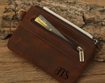 Personalized Leather Wallet: Zippered Coin & Card Holder, Monogrammed Gift