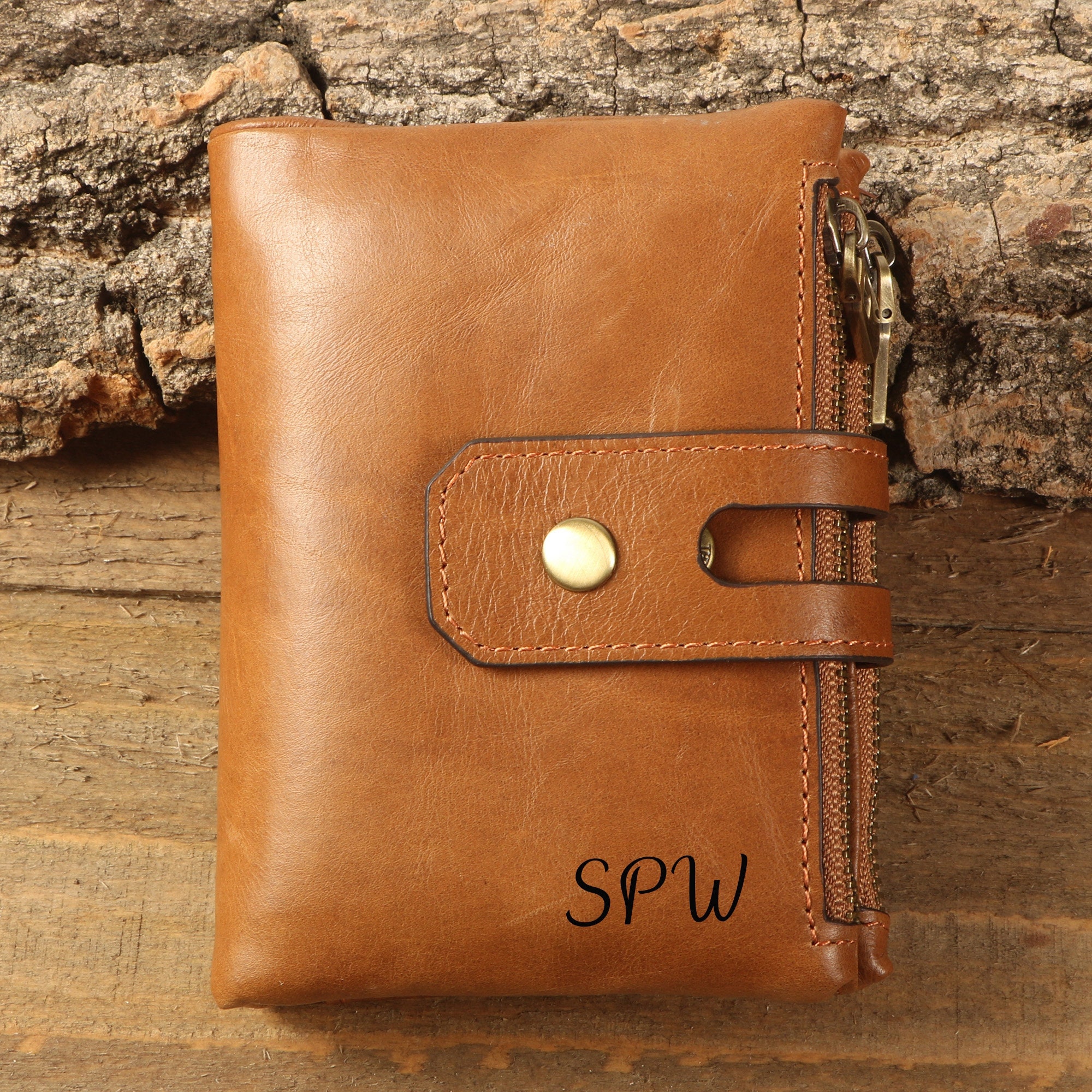 Personalized Leather RFID Zipper Wallet: Engraved Bifold Wallet