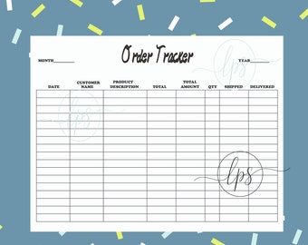 Può includere: Un tracker di ordini in bianco e nero con le parole "Order Tracker" in alto. Il tracker ha colonne per la data, il nome del cliente, la descrizione del prodotto, il totale, l'importo totale, la quantità, la spedizione e la consegna.