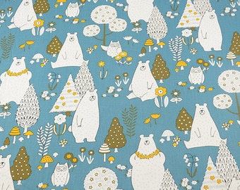 Woodland Polar Bear Print Cotton Fabric – Teal Blue, Craft & Dressmaking