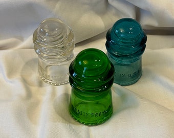 Vintage Glass Insulators Hemingray 9 Pony Green, Aqua or Clear Telegraph 1950-1960