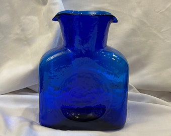 1940s Vintage Heavy Hand Blown Glass Azure Blue Double Spout