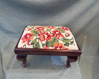 Footstool Wooden Needlepoint MCM Floral Green and Orange