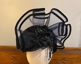 Vintage Hat Navy Blue Felted Wool with Beaded Flower "Famous Millinery" USA Pillbox Style