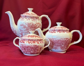 Alfred Meakin Romance "The Courtship" Accessories: Coffee Pot, Teapot or Sugar Bowl Vintage Red Pink Transferware Staffordshire England