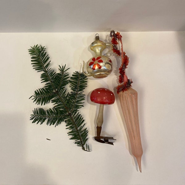 Vintage Christmas Glass Ornaments Parasol, Red Mushroom, Mercury Tea Pot Choice