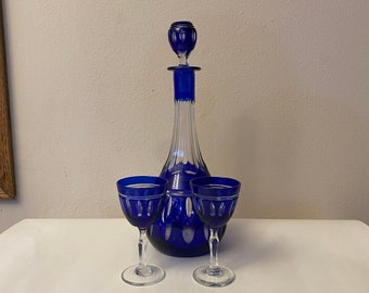 Vintage Cordial Decanter and Glasses Bohemian Cobalt Blue Cut to Clear Beauty